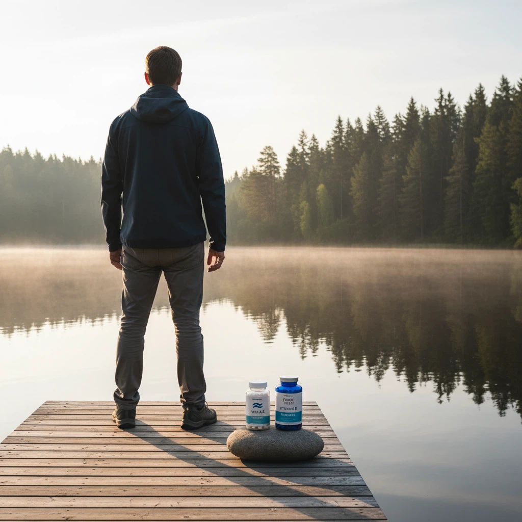 Man bakifrån vid svensk insjö vid gryningen - aktiv livsstil utomhus